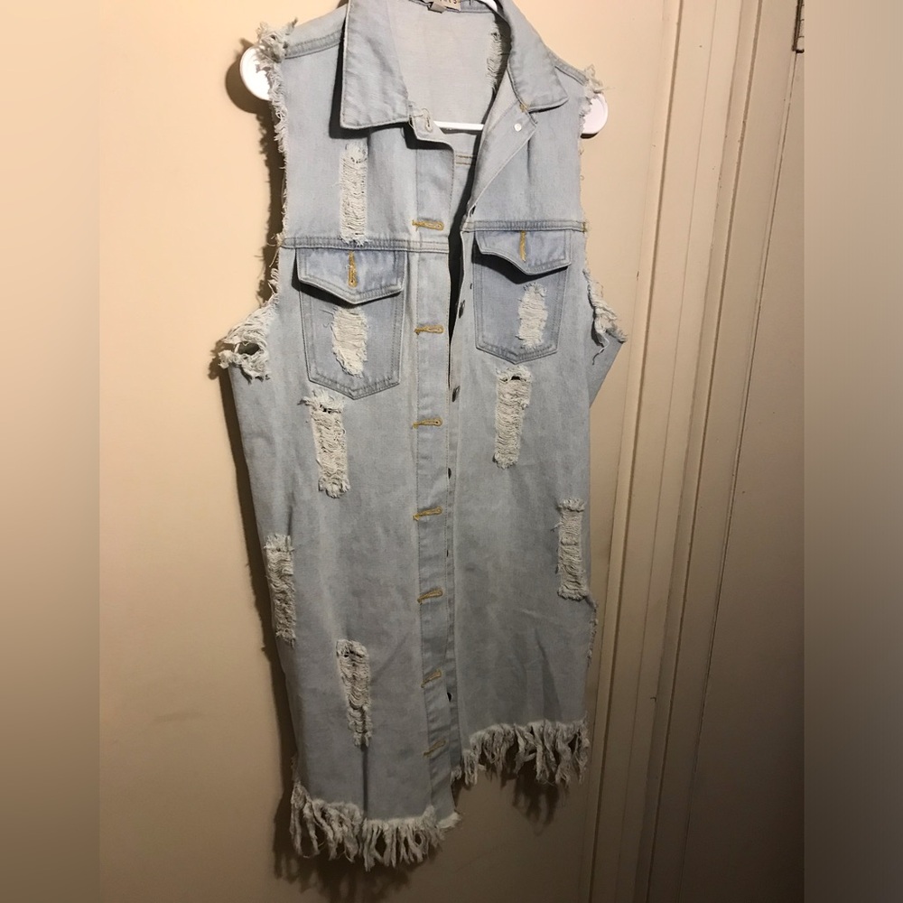 Sleeveless Distressed Light Wash Denim Button-Down Vest